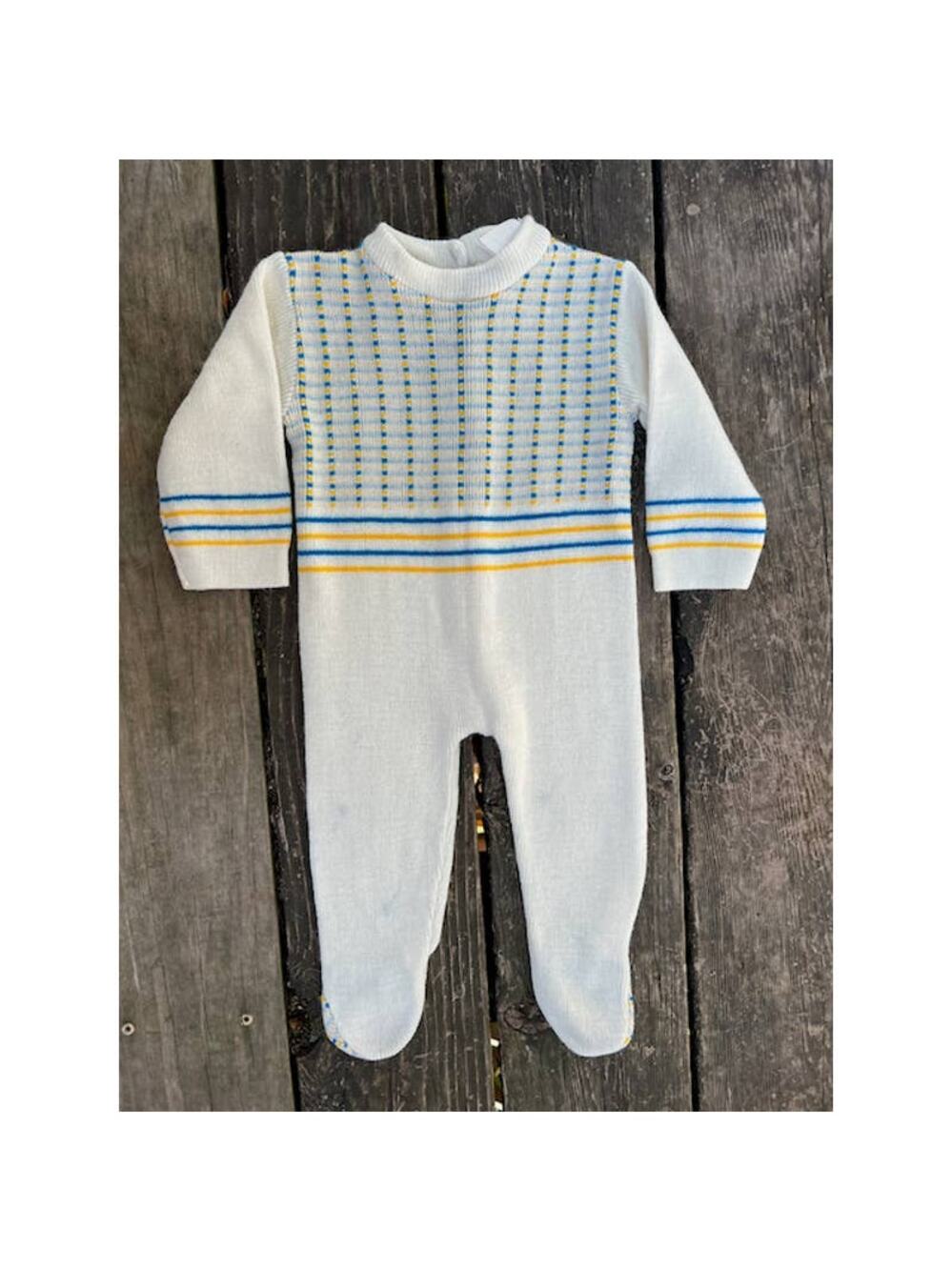 kids pajamas sweater knit footie vintage white blue yellow